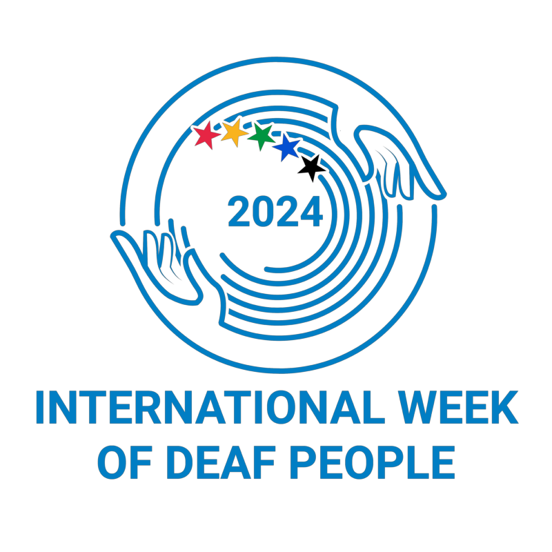 Image of a circular design with two hands and 5 stars in rainbow colors with 2024 in the middle. Text beneath says International Week of Deaf People