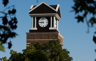 clocktower framed by leaves