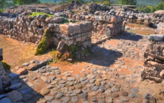 a landscape with brick ruin structures