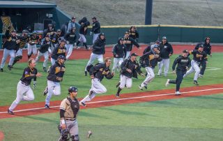 Griffons charge on to the field after a win. The Griffons had a 18-14 season