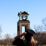 Student looking at clock tower